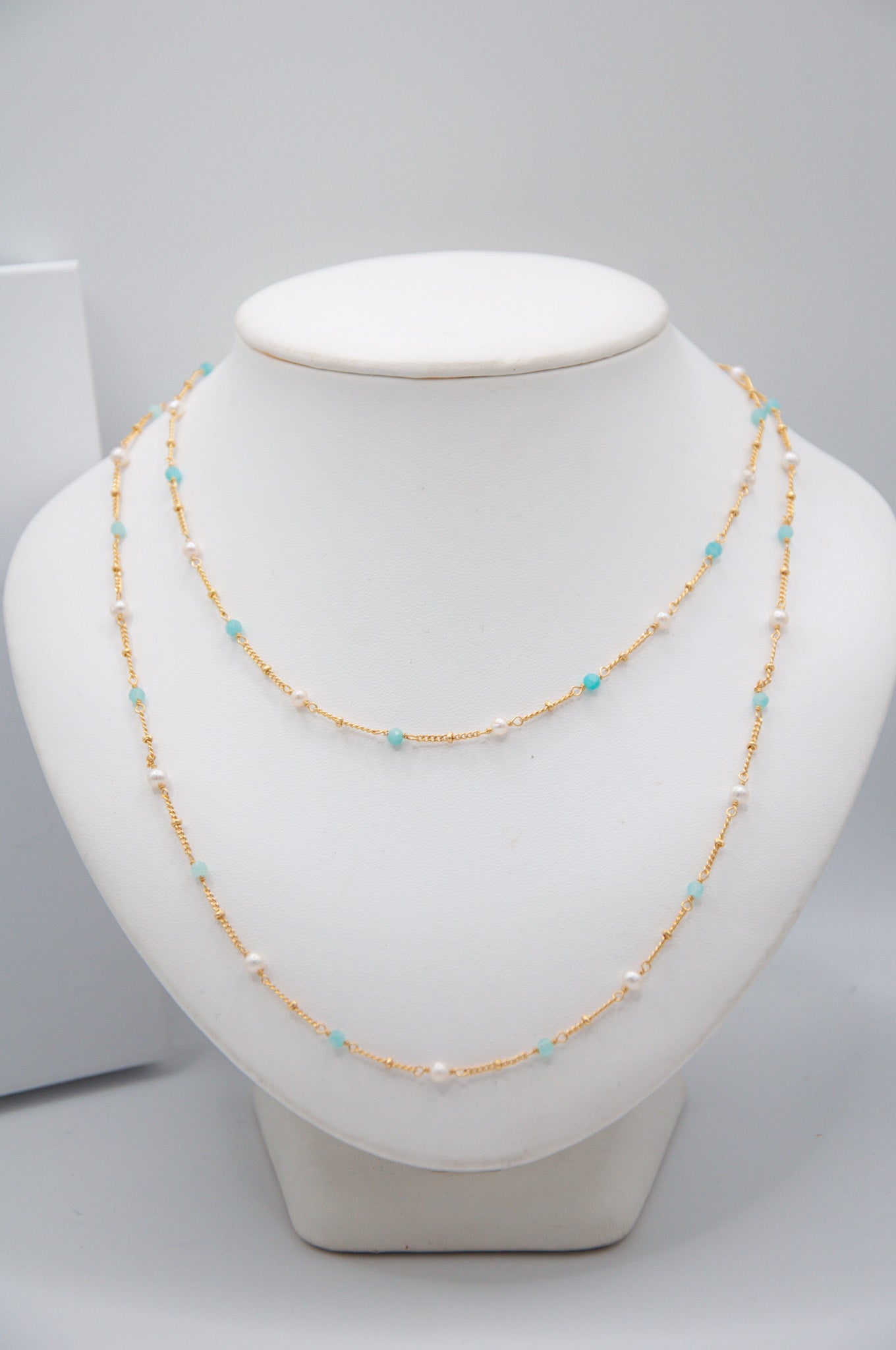 Gemstone Chain Necklace Amazonite & Pearl - 115