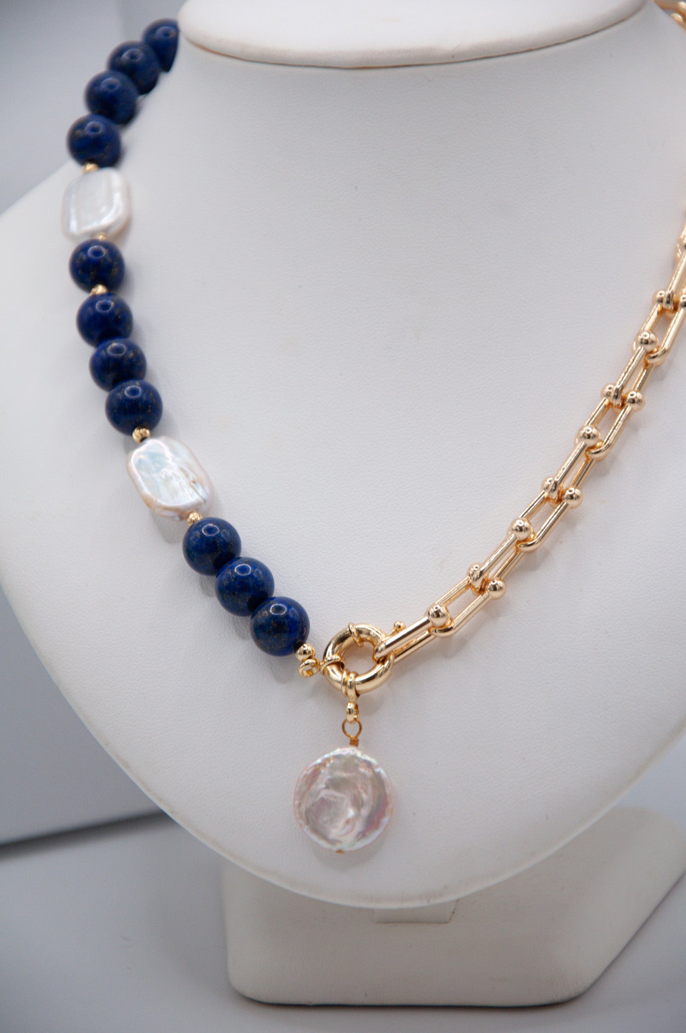 Round Lapis & Freshwater Pearl Necklace on 18ct Gold Chain - 127