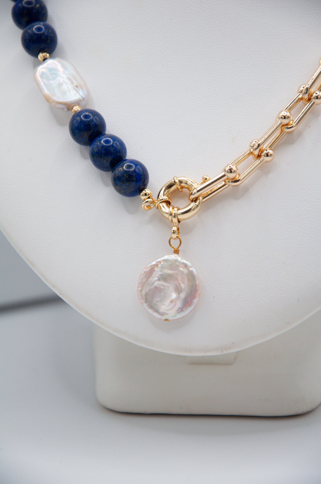 Round Lapis & Freshwater Pearl Necklace on 18ct Gold Chain - 127