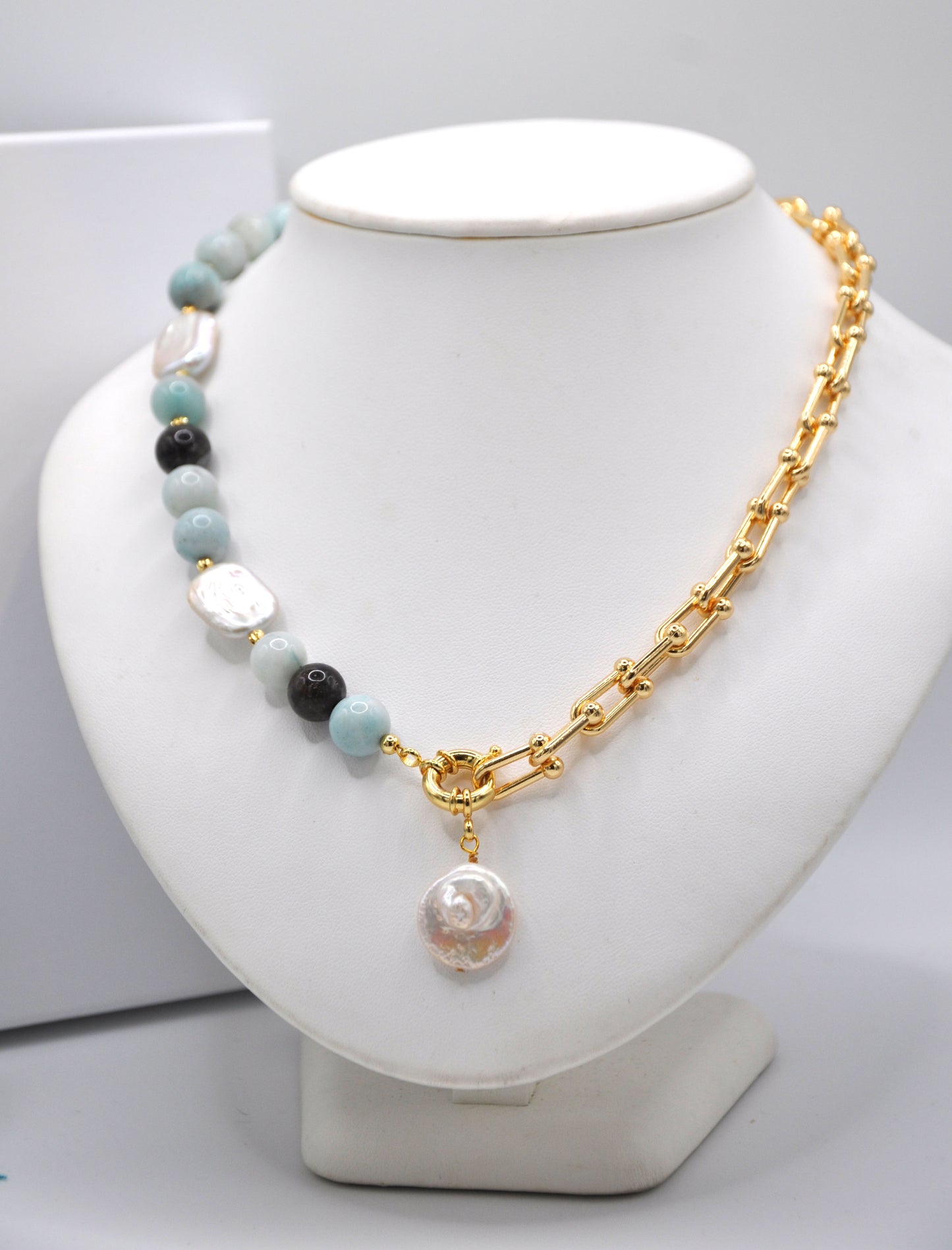 Round Amazonite & Freshwater Pearl Necklace on 18ct Gold Chain - 126