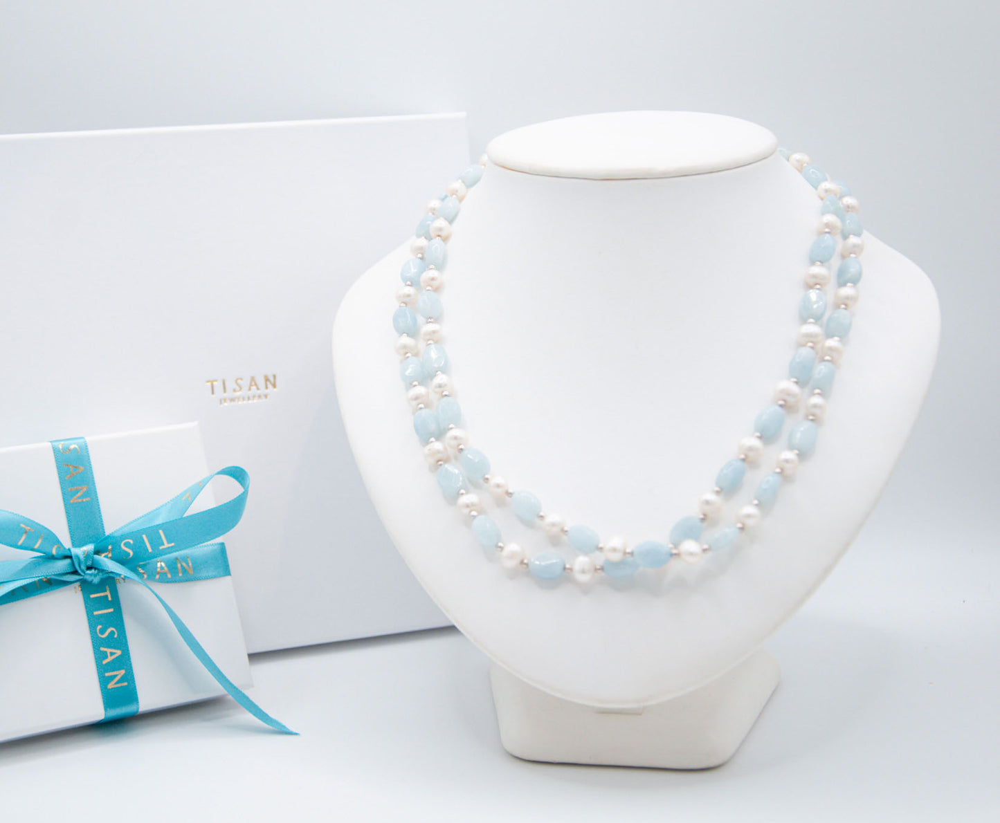 Double Strand Aquamarine & Freshwater Pearl Necklace - 121