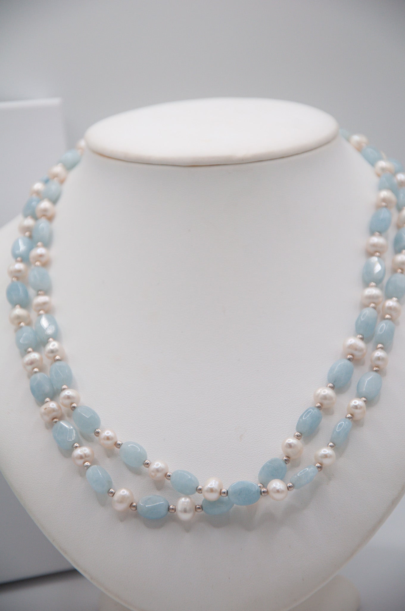 Double Strand Aquamarine & Freshwater Pearl Necklace - 121