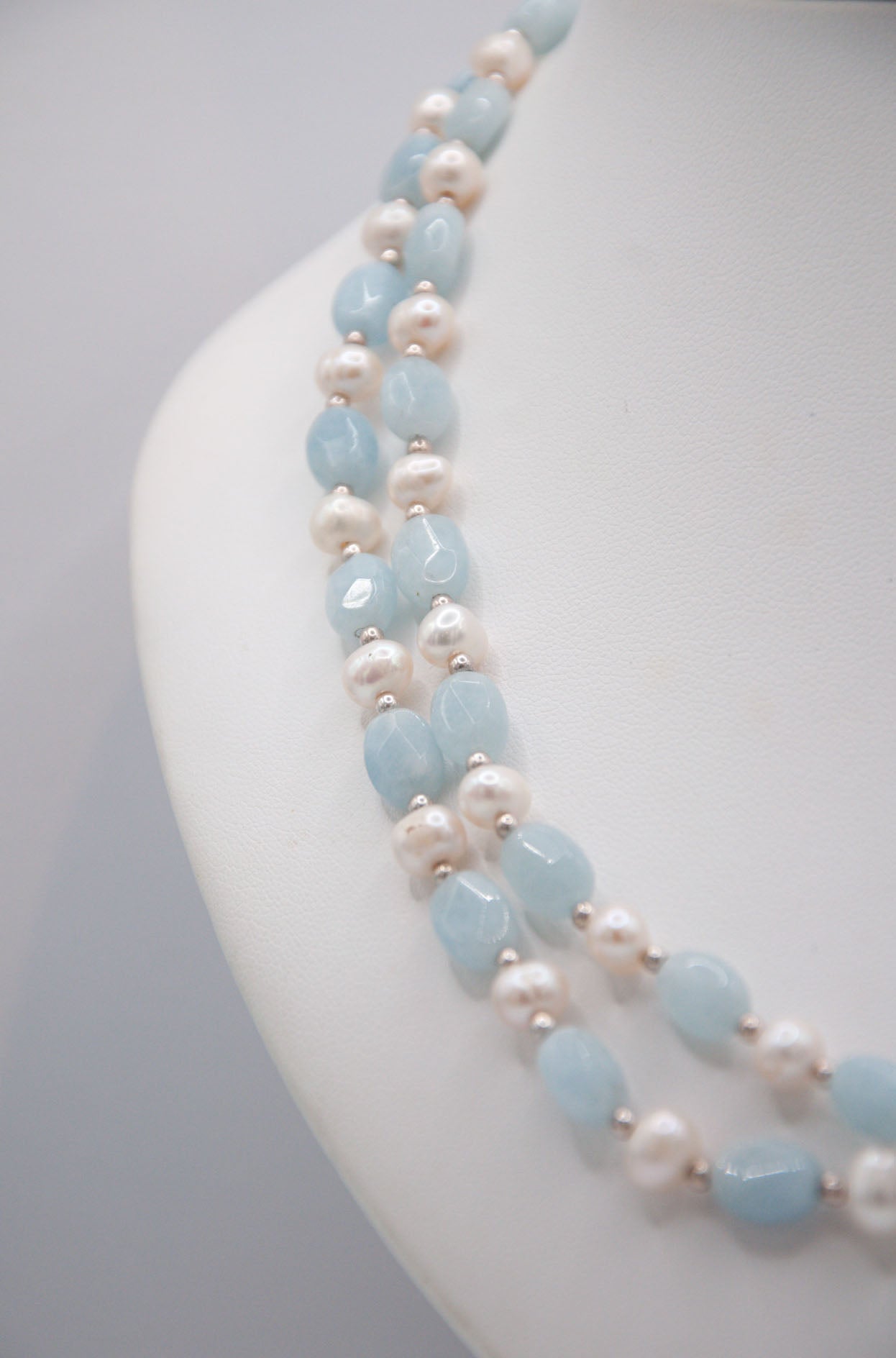 Double Strand Aquamarine & Freshwater Pearl Necklace - 121