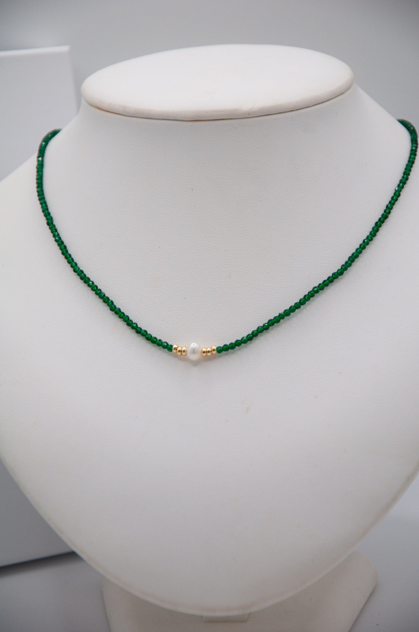 Green Spinel Necklace with Central Almost Round Pearl - 123