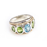 Blue Topaz and Peridot 14ct Gold Vermeil Five Stone Large Ring