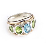 Blue Topaz and Peridot 14ct Gold Vermeil Five Stone Large Ring