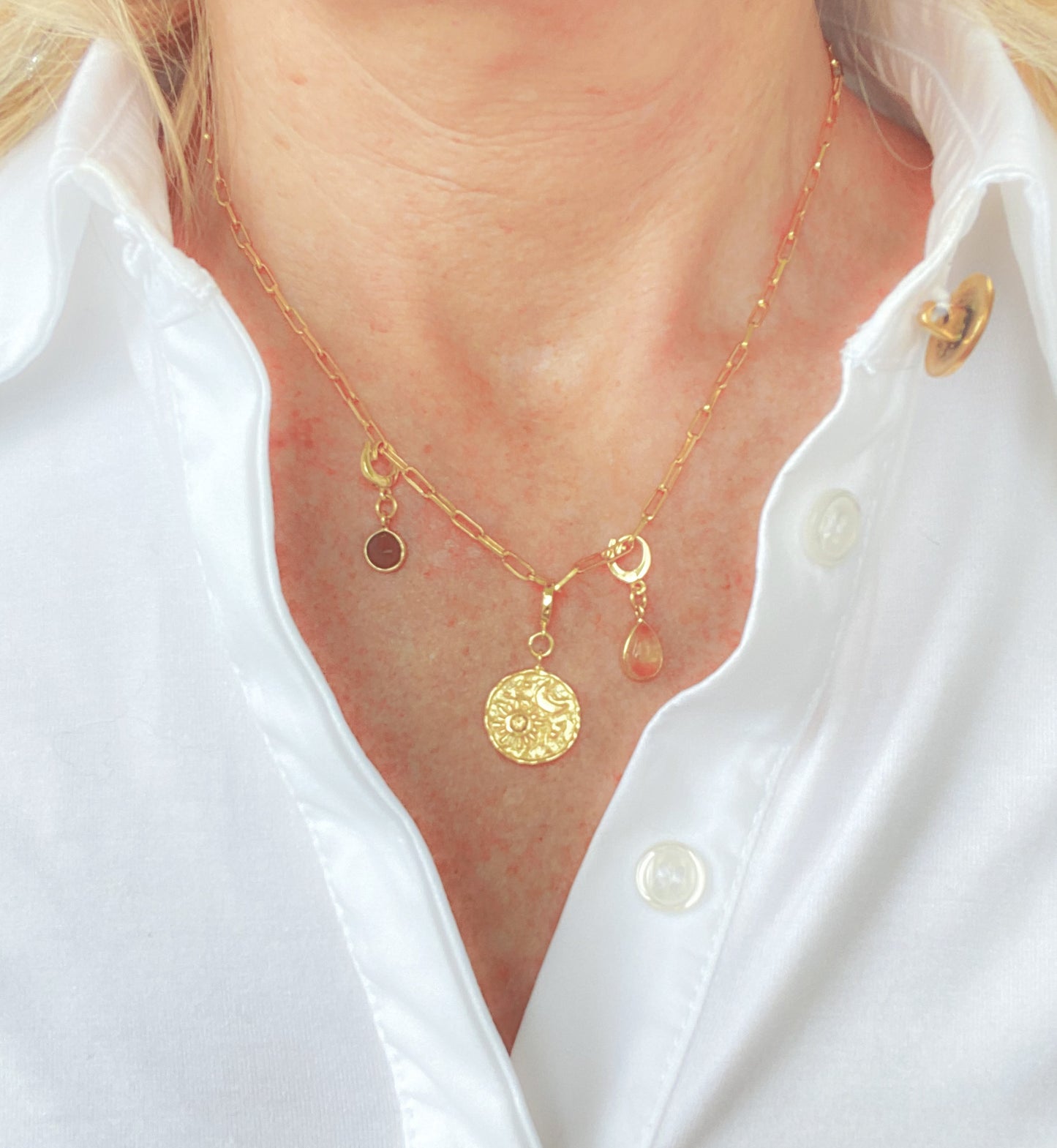 Charm Rectangle Link Necklace in Smoky Quartz and Citrine - 111