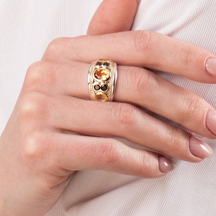 Citrine and Smoky Quartz Sterling Silver & 14ct Gold Vermeil Seven Stone Ring - 092