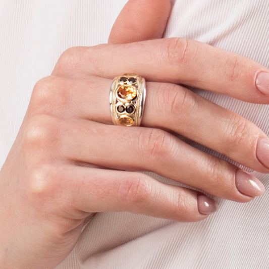 Citrine and Smoky Quartz Sterling Silver & 14ct Gold Vermeil Seven Stone Ring - 092