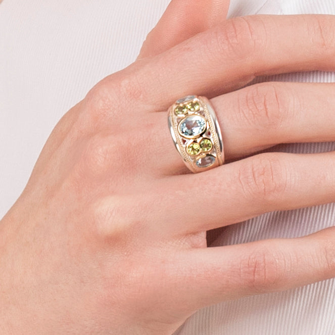 Blue Topaz and Peridot Sterling Silver & 14ct Gold Vermeil Seven Stone Ring - 091