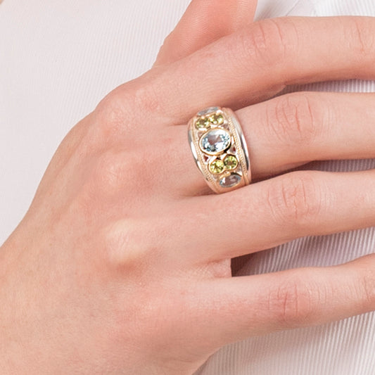 Blue Topaz and Peridot Sterling Silver & 14ct Gold Vermeil Seven Stone Ring - 091