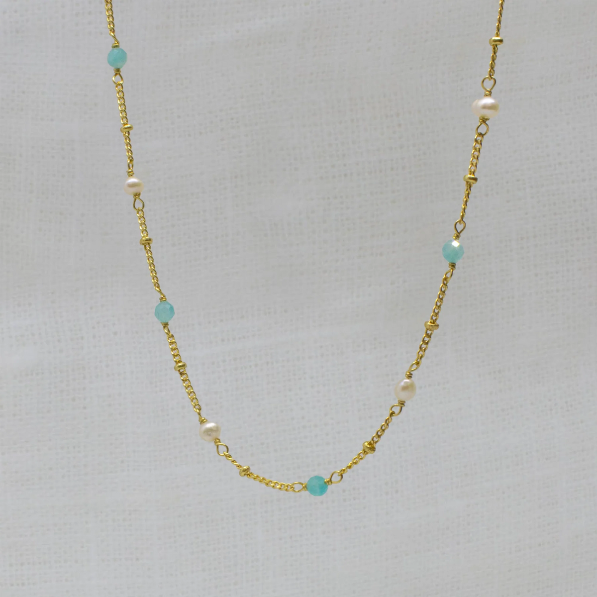 Gemstone Chain Necklace Amazonite & Pearl - 115