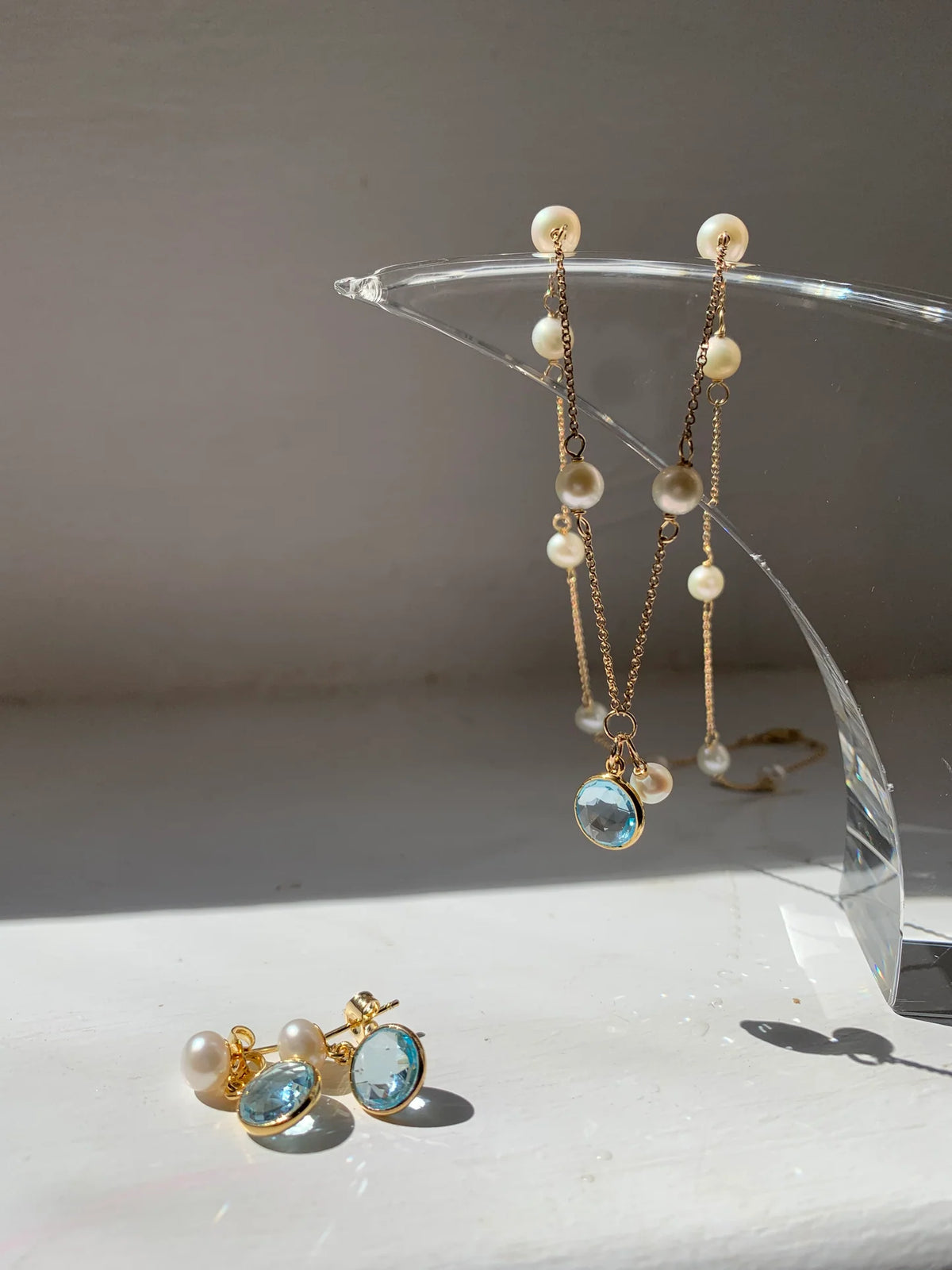 Blue Topaz & White Button Pearl with 18ct Gold Vermeil - 021