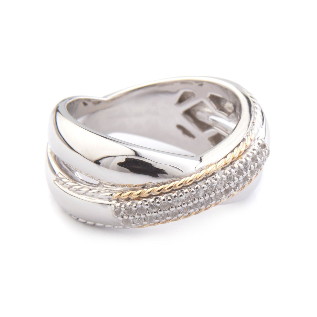 Sterling Silver and White Sapphire Cross Over Rhodium Plated Ring - 046