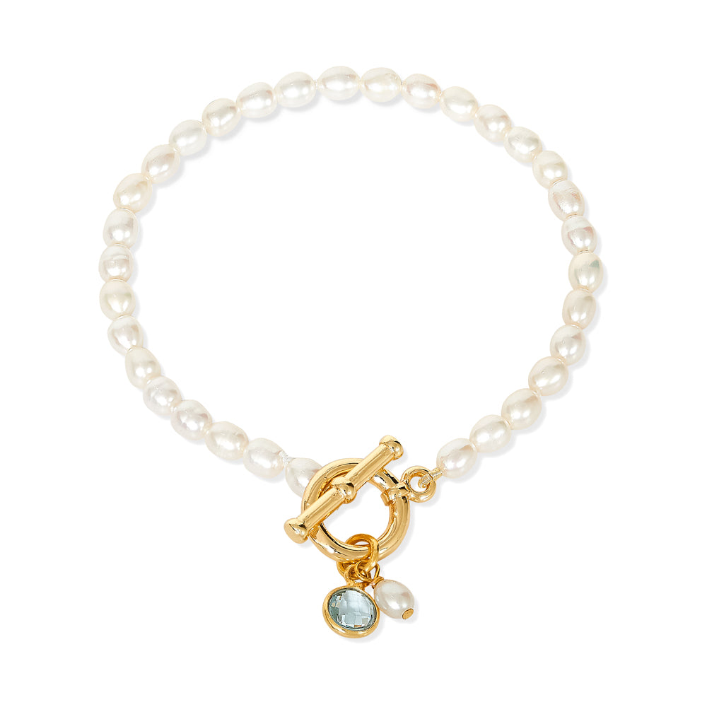Oval Freshwater Pearl Bracelet w/ Gold Plate Toggle Clasp - Blue Topaz - 095