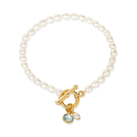 Pearl and Blue Topaz Bracelet with Gold Vermeil Toggle Clasp