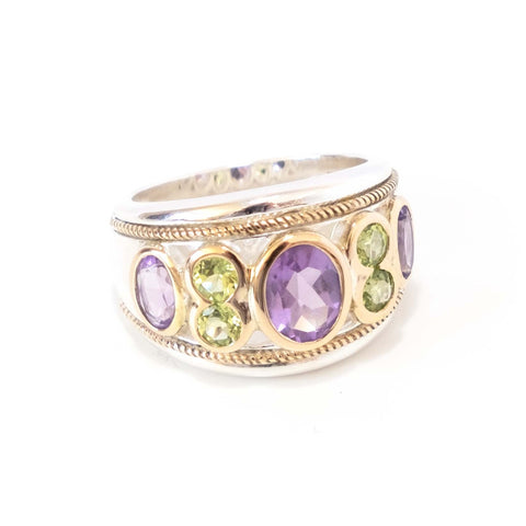 Amethyst and Peridot Seven Stone Ring with 14ct Gold Vermeil