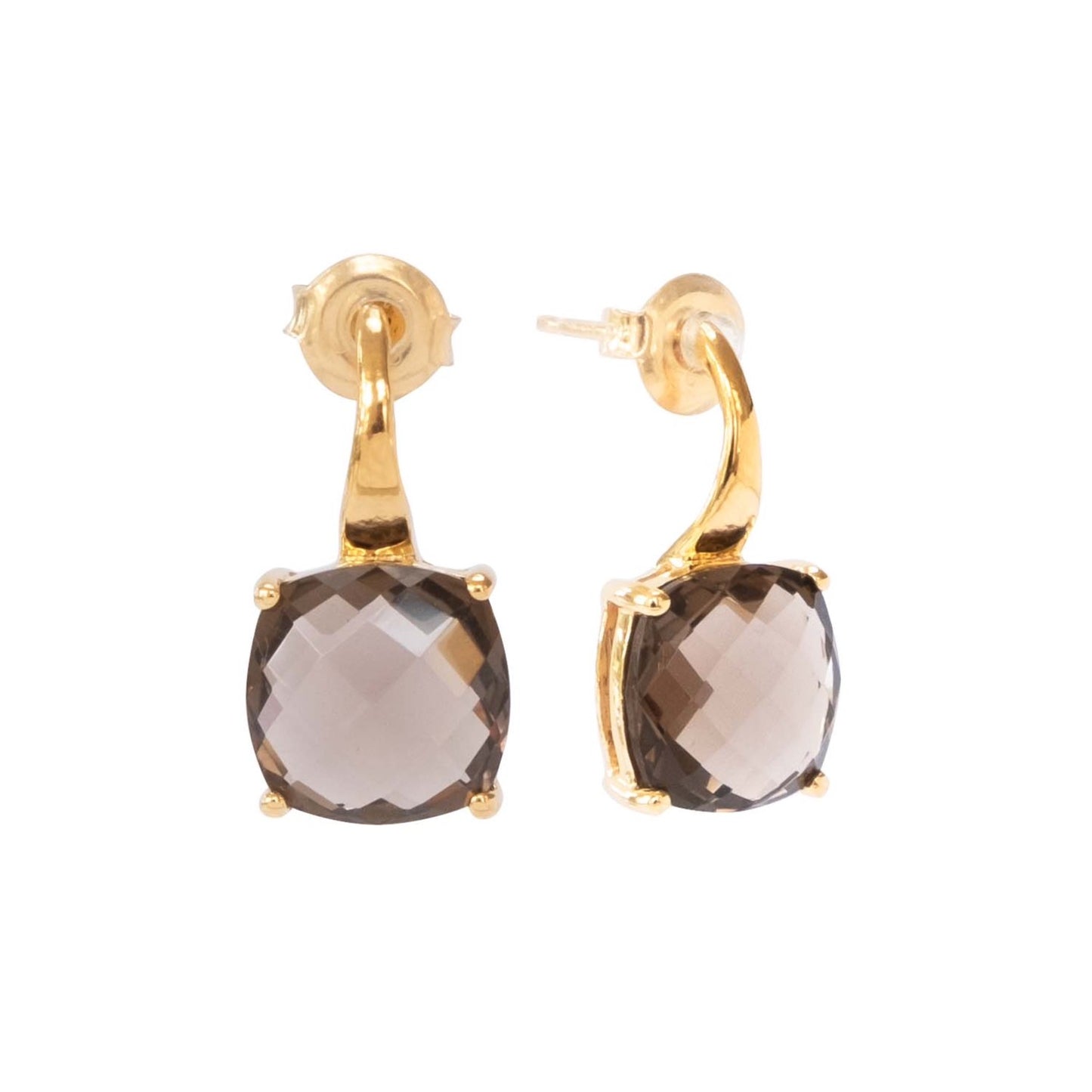 Smoky Quartz Checker Cut Square Vermeil Earrings