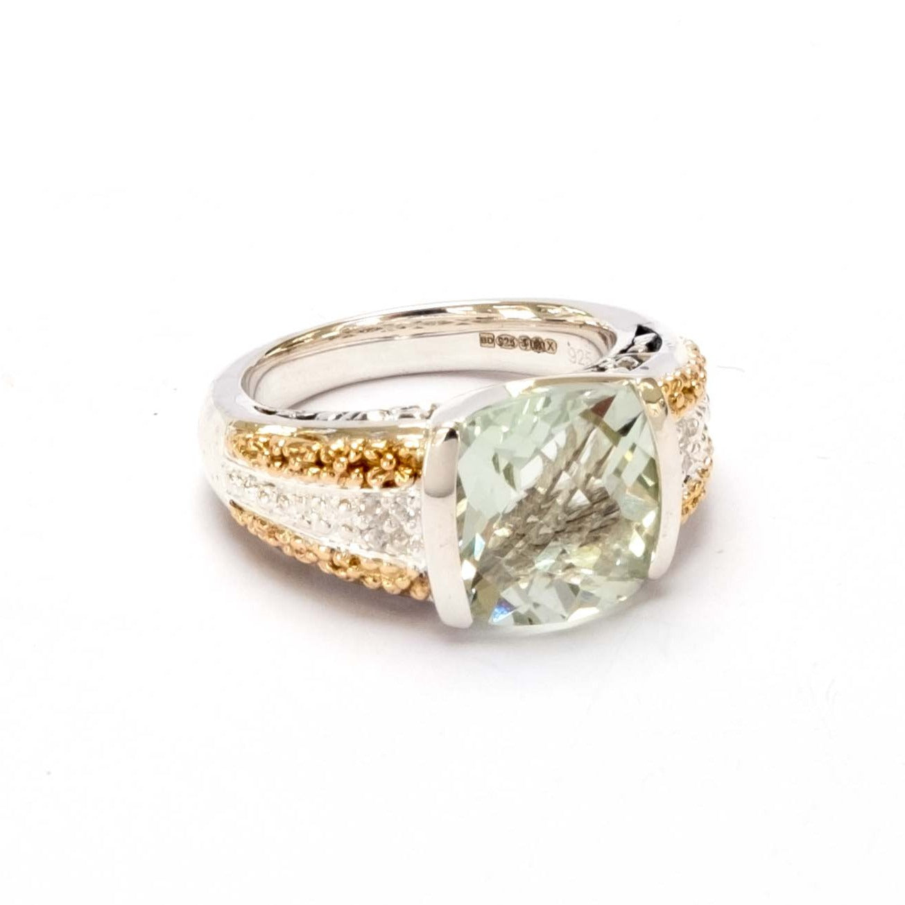 Green Amethyst, White Sapphire, 14ct Gold Vermeil, Sterling Silver Cushion Ring - 073
