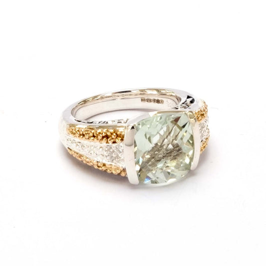 Green Amethyst, White Sapphire, 14ct Gold Vermeil, Sterling Silver Cushion Ring - 073