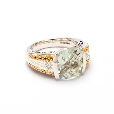 Green Amethyst, White Sapphire, 14ct Gold Vermeil, Sterling Silver Cushion Ring