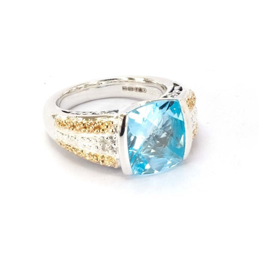 Blue Topaz, White Sapphire, 14ct Gold Vermeil and Sterling Silver Cushion Ring - 072