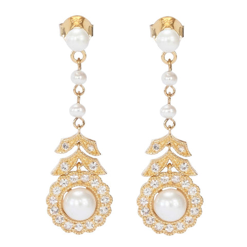 Pearl and White Sapphire Drop Flower Earrings (NEW)