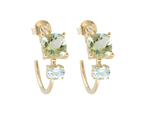 Mint Green Quartz and Blue Topaz 9ct Gold Square Stone Hoop Earrings