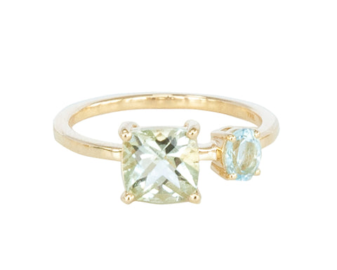 Mint Green Quartz and Blue Topaz 9ct Gold Square Stone Ring