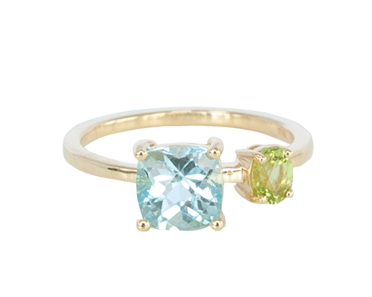 Blue Topaz and Peridot 9ct Gold Square Stone Ring - 066
