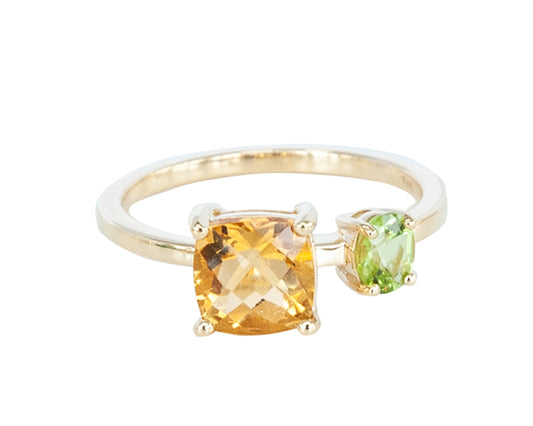 Citrine and Peridot 9ct Gold Square Stone Ring - 065