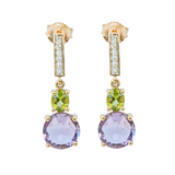 Peridot and Round Amethyst with White Topaz 9ct Gold Drop Earrings