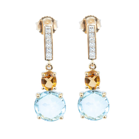 Citrine and Round Blue Topaz and White Topaz 9ct Gold Drop Earrings