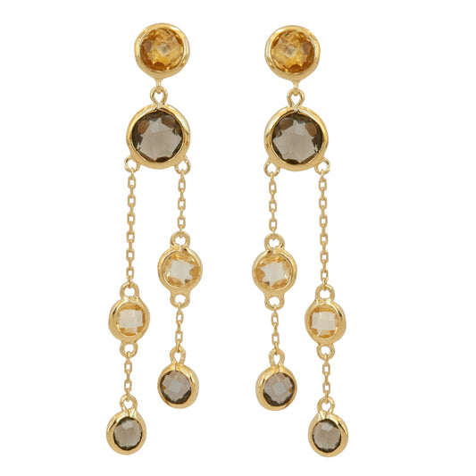 Citrine and Smoky Quartz 14ct Gold Vermeil Double Strand Drop Earrings - 012