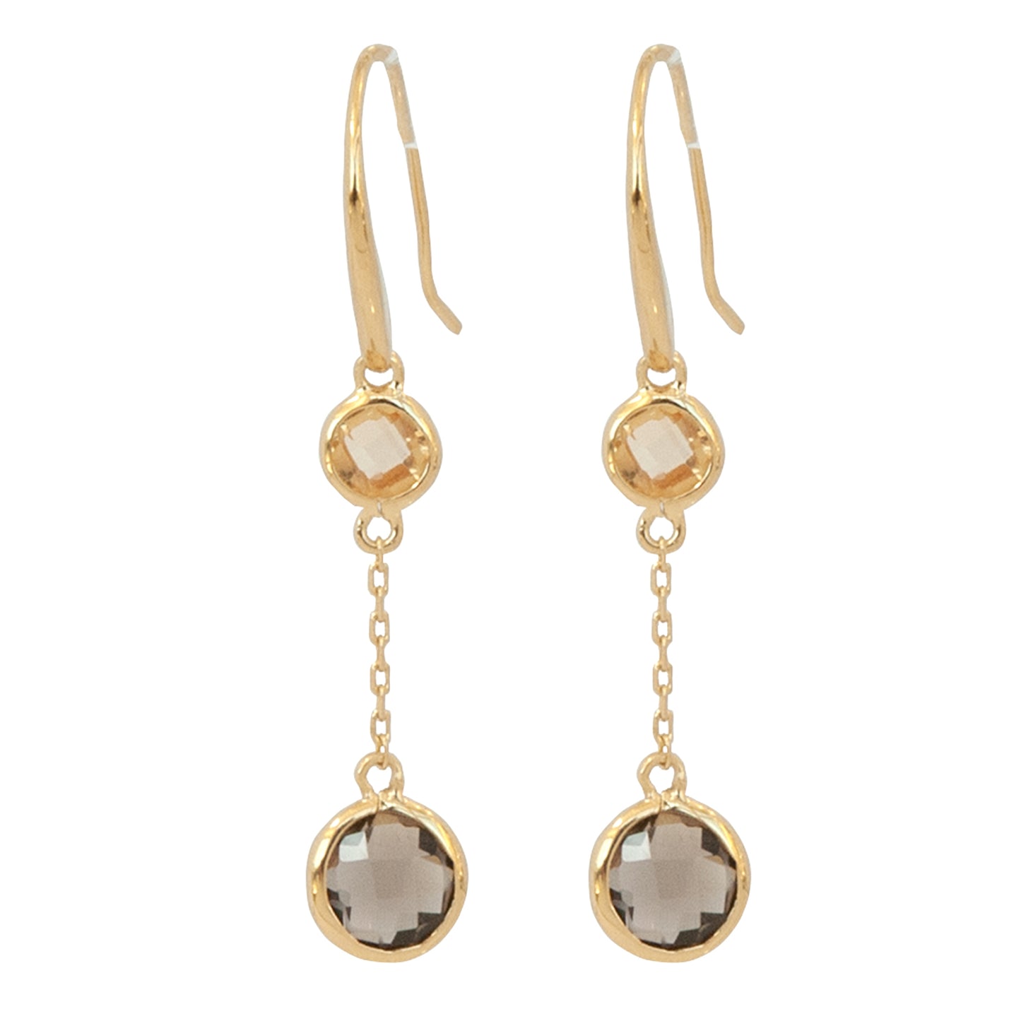 Smoky Quartz and Citrine Double Drop 14ct Gold Vermeil Hook Earrings - 013