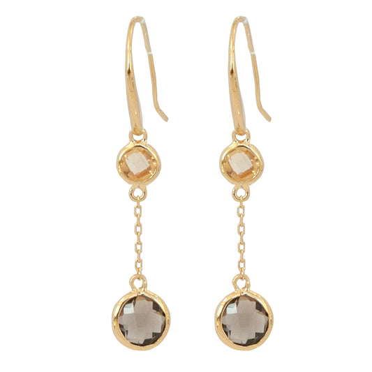 Smoky Quartz and Citrine Double Drop 14ct Gold Vermeil Hook Earrings - 013