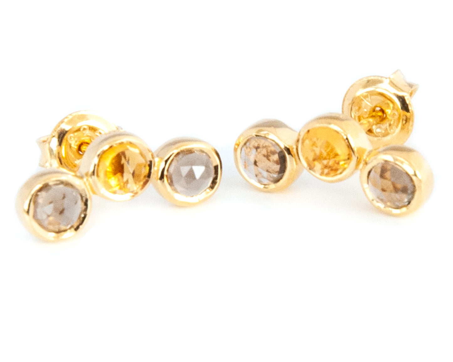 Smoky Quartz and Citrine 14ct Gold Vermeil Three Stone Stud Earrings - 002