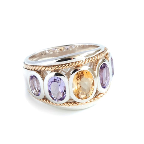 Citrine and Amethyst 14ct Gold Vermeil Large Five Stone Ring