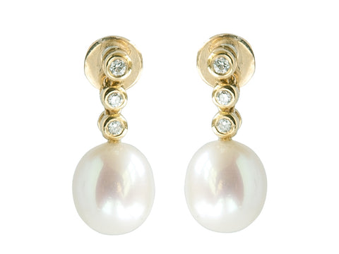 Cultured River Pearl 18ct Gold Drop Earrings with Three Diamonds