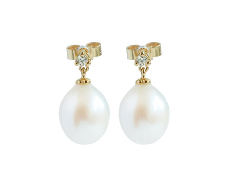 Cultured River Pearl 18ct Gold Earrings with Single Diamond.