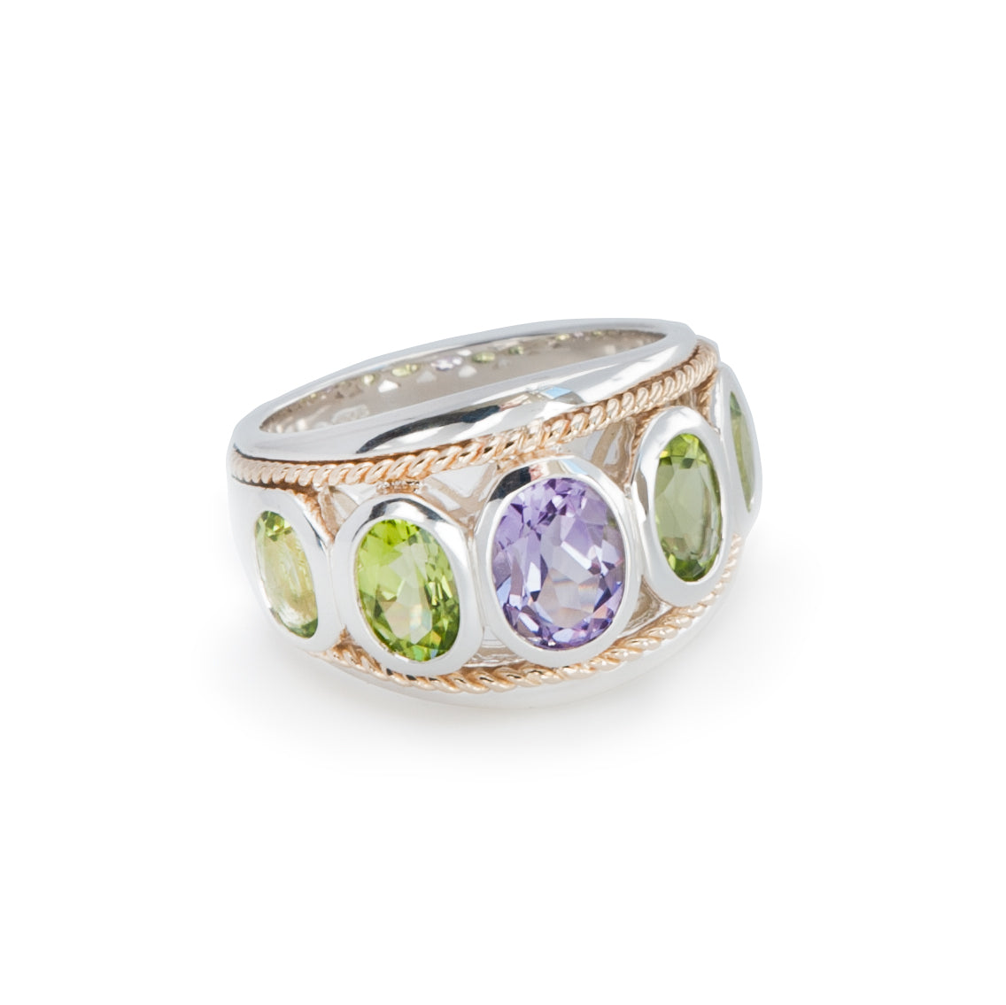 Amethyst and Peridot 14ct Gold Vermeil Large Five Stone Ring - 090