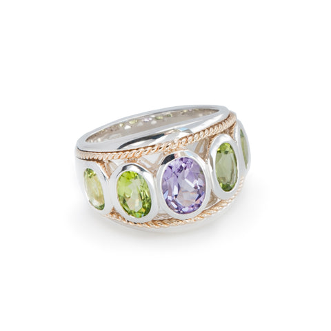 Amethyst and Peridot 14ct Gold Vermeil Large Five Stone Ring