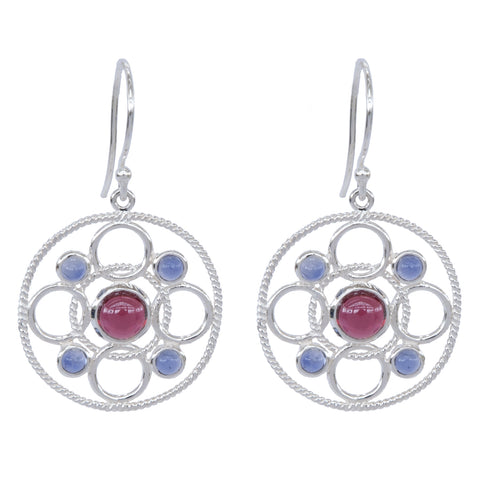 Cabachon Rhodolite and Iolite Sterling Silver Circle Link Earrings