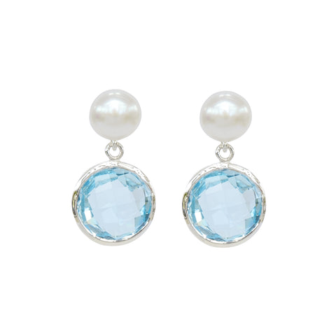 Pearl & Blue Topaz Sterling Silver Drop Earrings