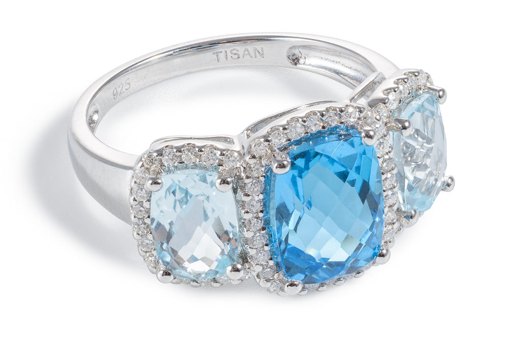 Diamond, Sky Blue Topaz & Blue Topaz 3 Stone Ring - 047