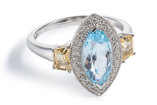 Diamond, Sky Blue Topaz & Citrine Marquise Cut Ring - 049