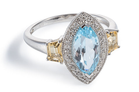 Diamond, Sky Blue Topaz & Citrine Marquise Cut Ring