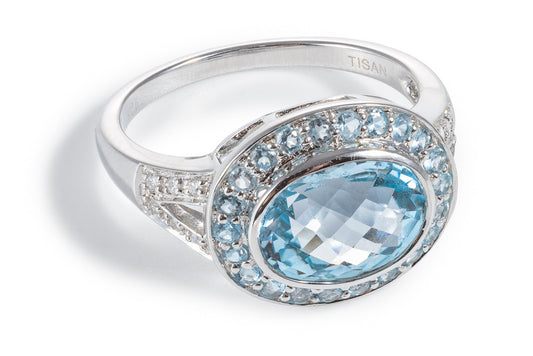 Diamond, Blue Topaz & Sky Blue Topaz Oval Stone Ring - 048