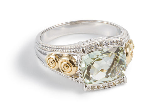 Mint Green Quartz 14ct Gold Vermeil Oblong Ring with White Sapphires - 052