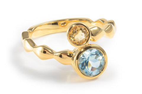 Blue Topaz and Citrine 14ct Gold Vermeil 2 Stone Ring